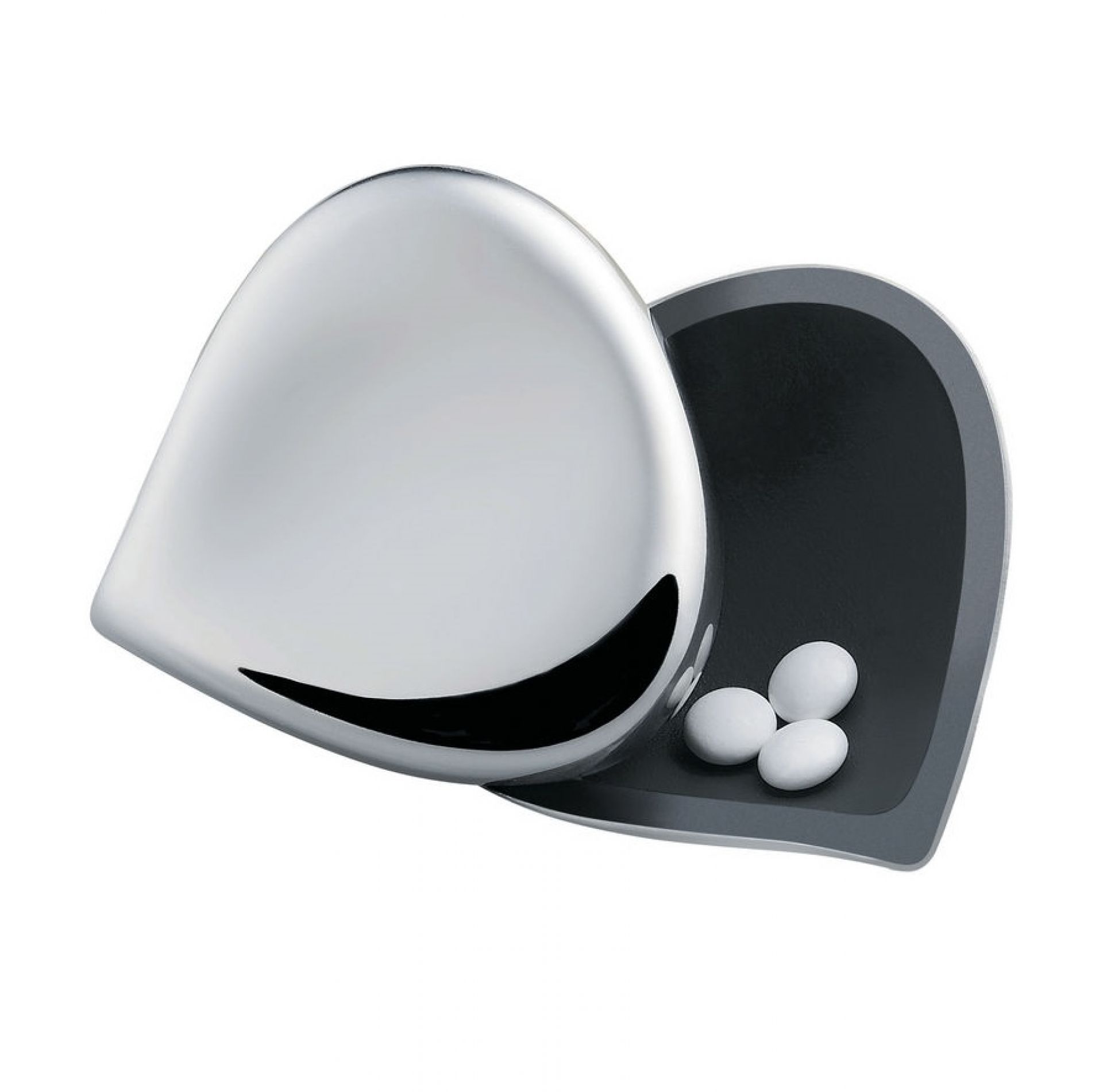 Geöffnete Alessi Pillendose CHB01 aus Edelstahl mit weißen Pillen, moderne Tablettenbox für unterwegs.